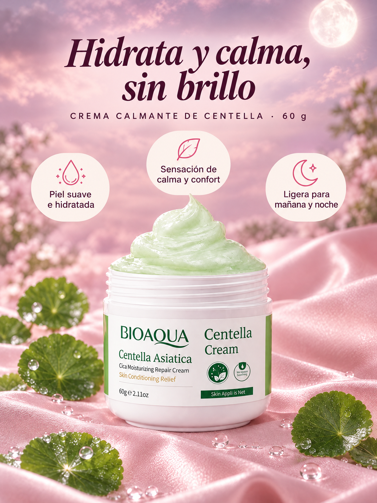 Crema calmante de centella: hidrata y calma, sin brillo. Piel suave e hidratada, sensación de calma y confort, ligera para mañana y noche