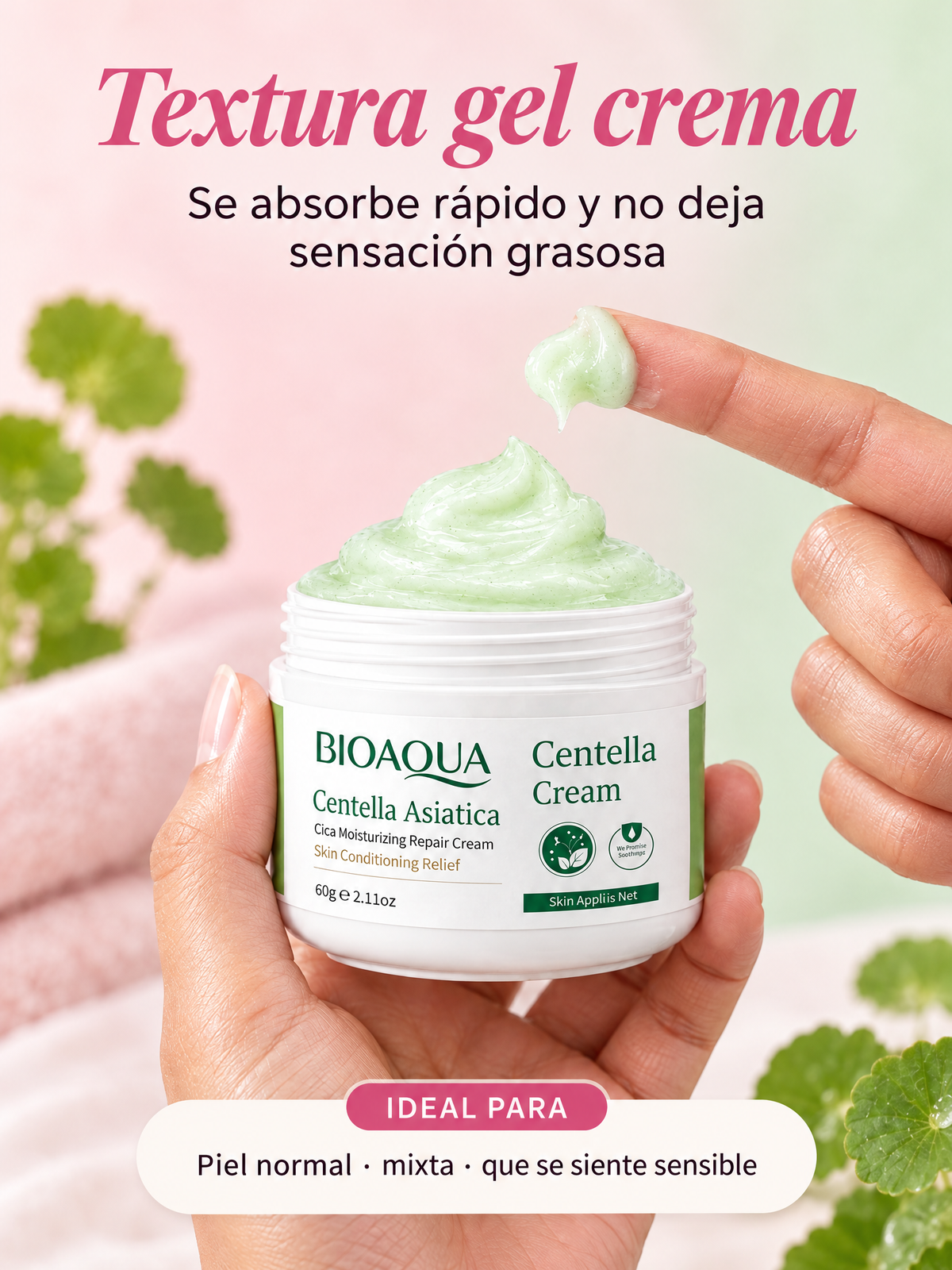 Textura gel crema de la crema calmante de centella: se absorbe rápido y no deja sensación grasosa