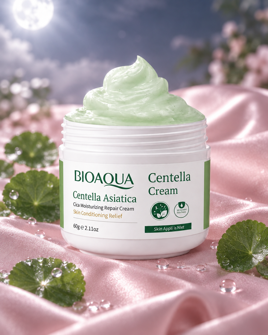 Crema calmante de centella Dalbit Beauty sobre satín rosa con luz de luna