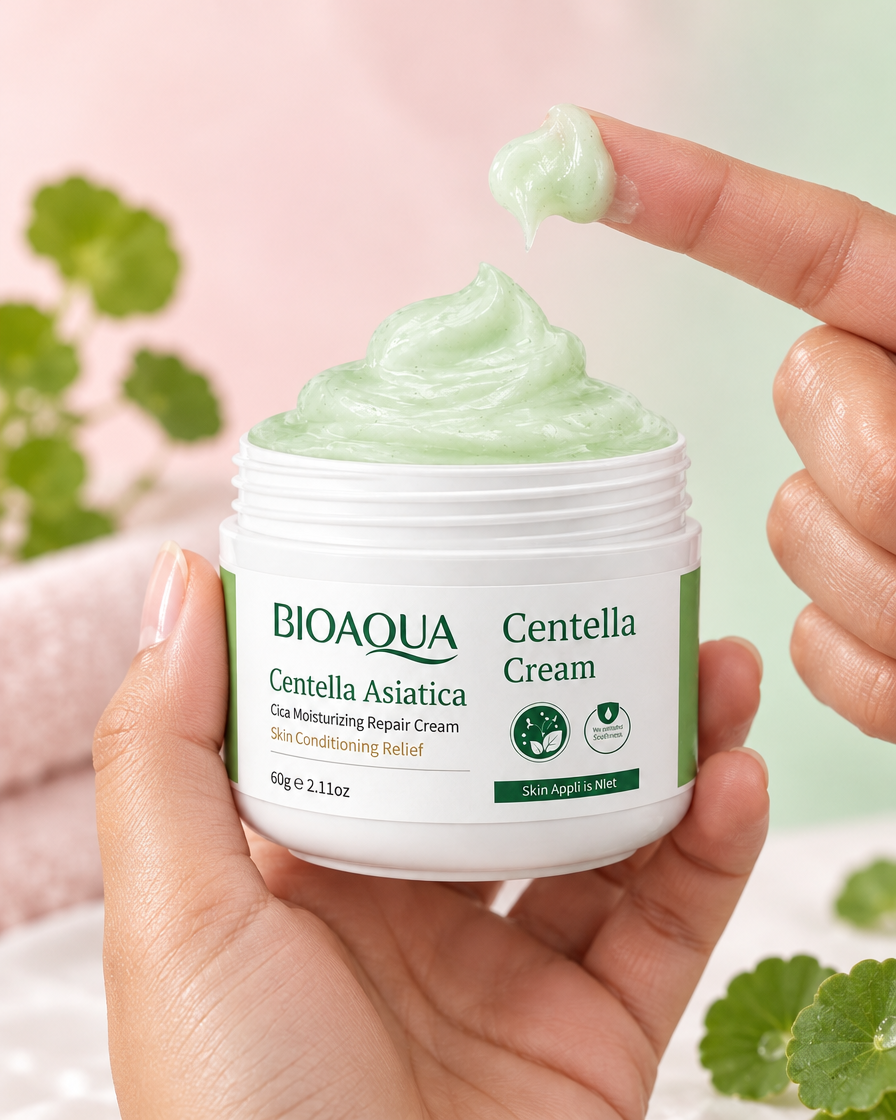 Mano sosteniendo la crema de centella con un poco de producto en el dedo