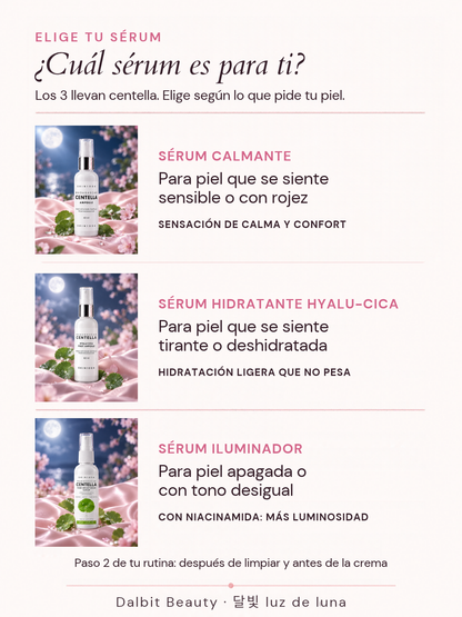 ¿Cuál sérum es para ti? Sérum calmante para piel que se siente sensible o con rojez, sérum hidratante Hyalu-Cica para piel tirante o deshidratada y sérum iluminador con niacinamida para piel apagada o con tono desigual