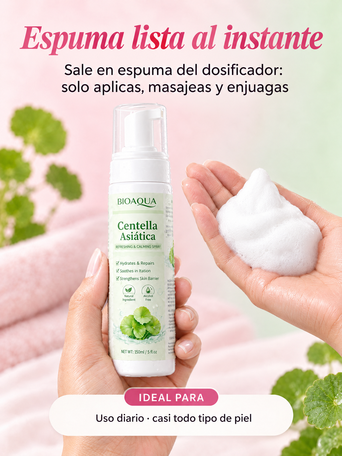 Espuma lista al instante: sale en espuma del dosificador, solo aplicas, masajeas y enjuagas. Ideal para uso diario en casi todo tipo de piel