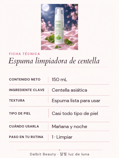 Ficha técnica de la espuma limpiadora de centella de 150 mL: espuma lista para usar, para casi todo tipo de piel, de uso mañana y noche