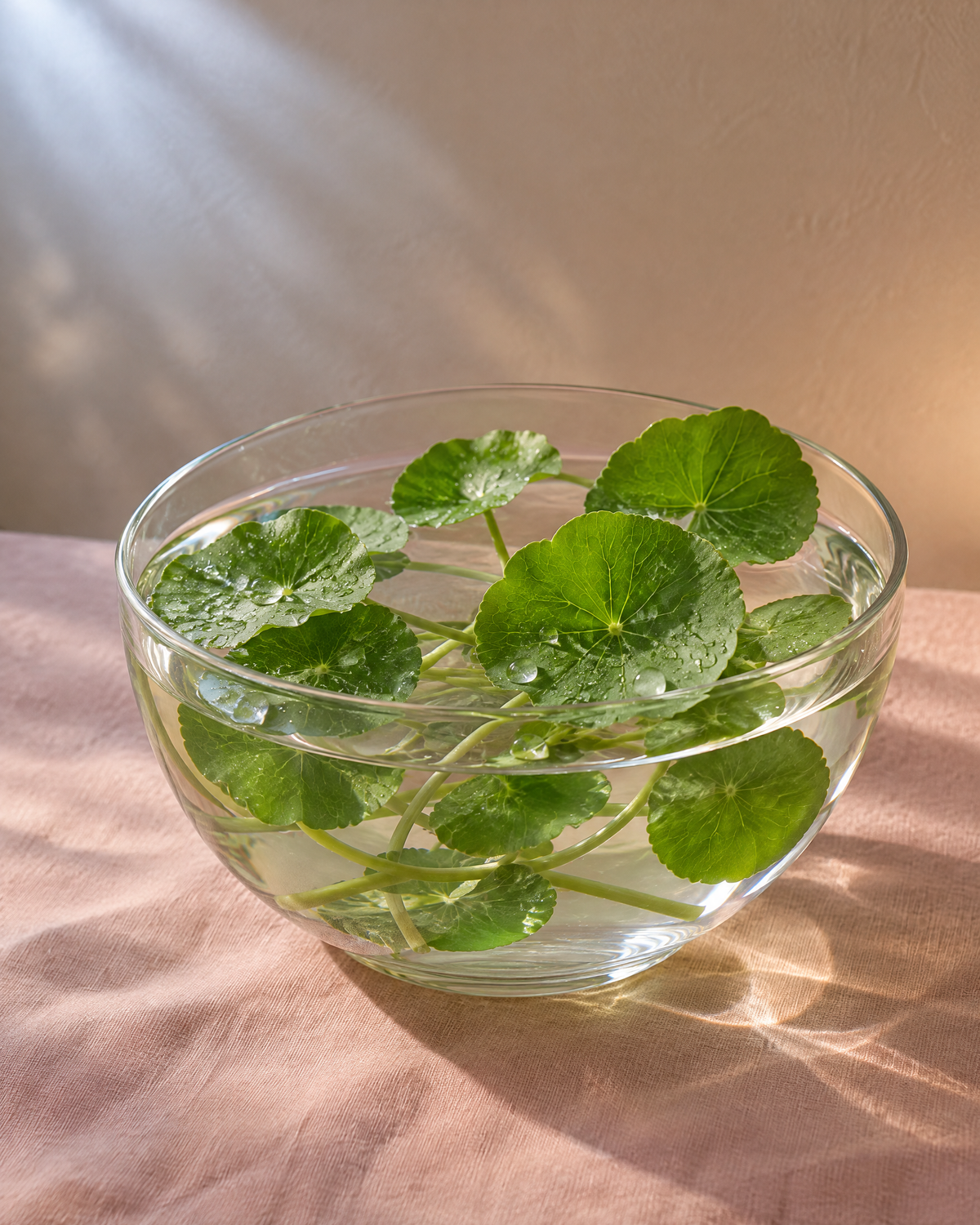 Hojas frescas de centella asiática en un bowl de vidrio con agua