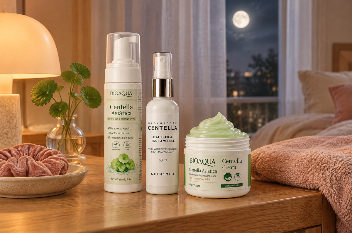 Rutina de noche con espuma, sérum y crema de centella junto a la ventana con luna