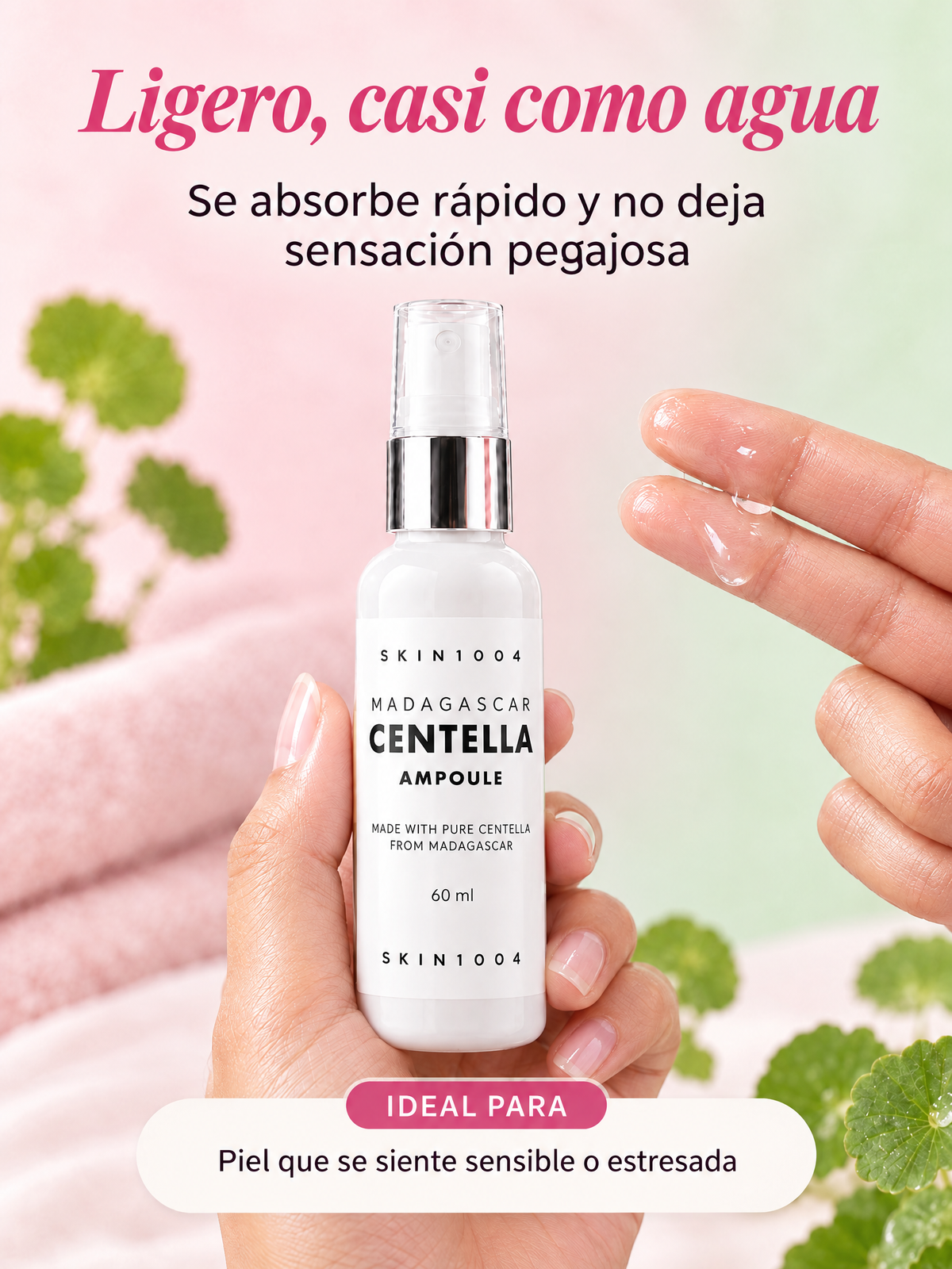 Textura del sérum calmante de centella: ligero, casi como agua, se absorbe rápido y no deja sensación pegajosa. Ideal para piel que se siente sensible o estresada