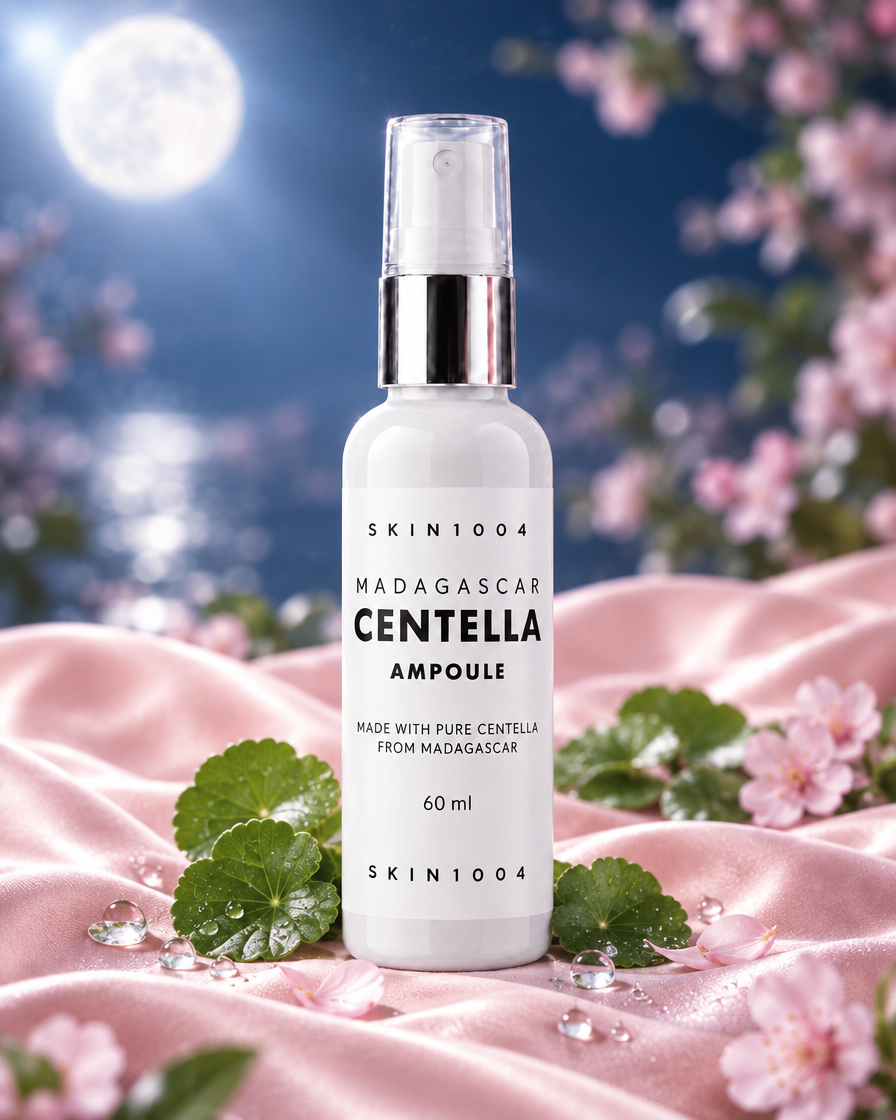 Sérum calmante de centella Dalbit Beauty sobre satín rosa con luz de luna