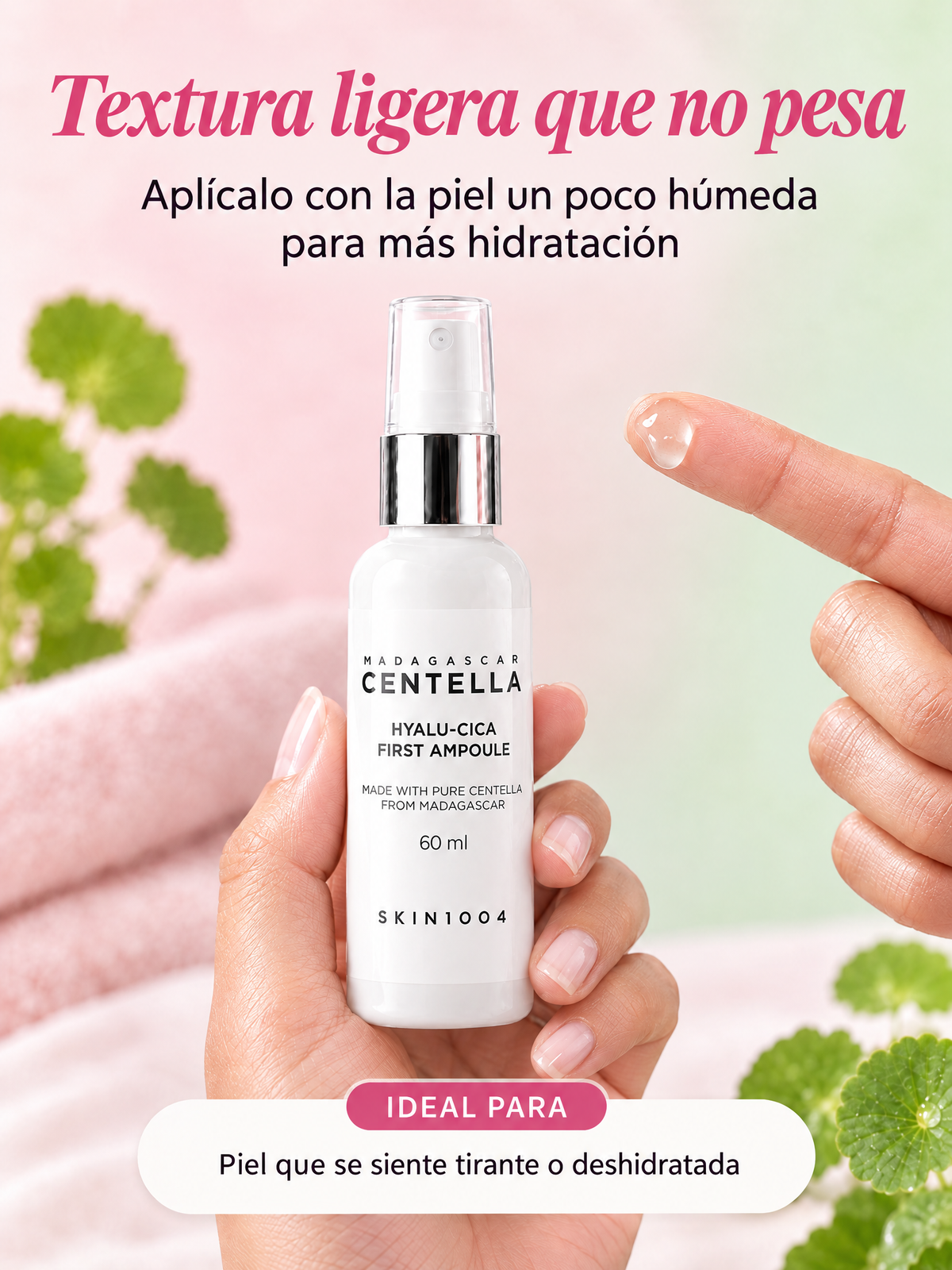 Textura del sérum hidratante Hyalu-Cica: ligera, no pesa. Aplícalo con la piel un poco húmeda. Ideal para piel que se siente tirante o deshidratada