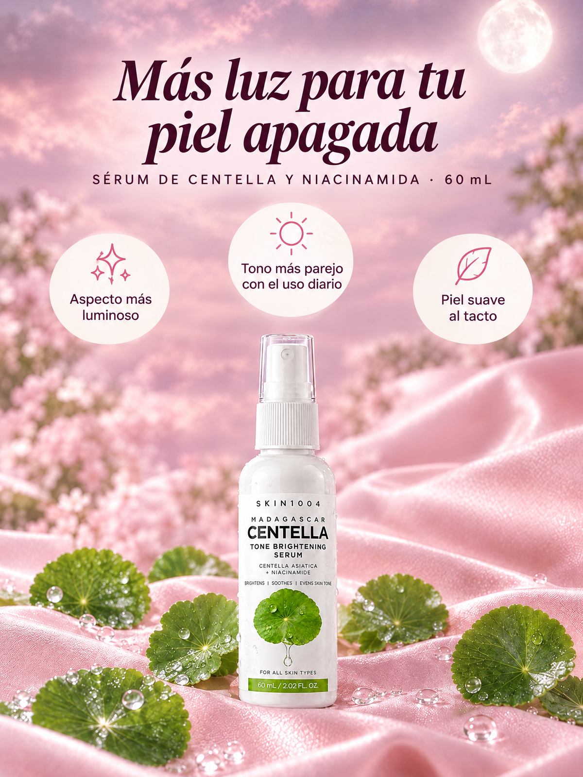 Sérum iluminador de centella y niacinamida: más luz para tu piel apagada. Aspecto más luminoso, tono más parejo con el uso diario, piel suave al tacto