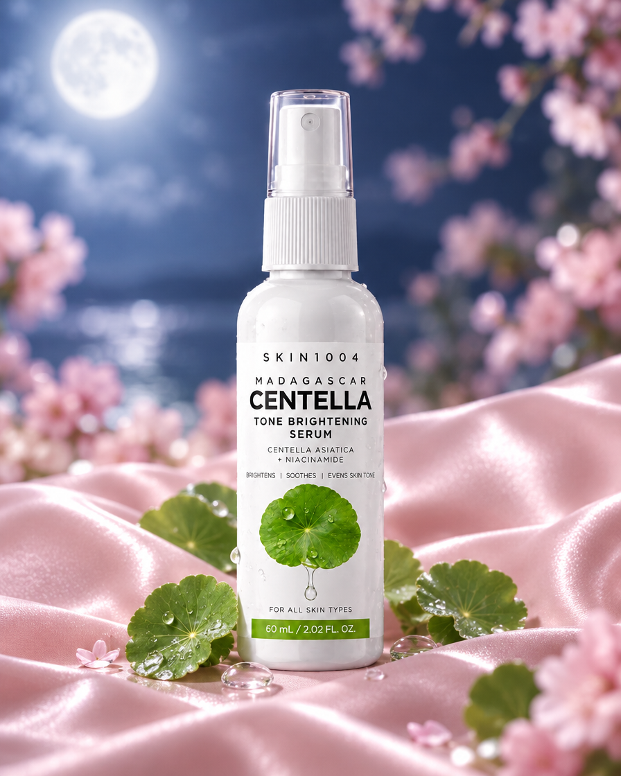 Sérum iluminador de centella y niacinamida Dalbit Beauty sobre satín rosa con luz de luna
