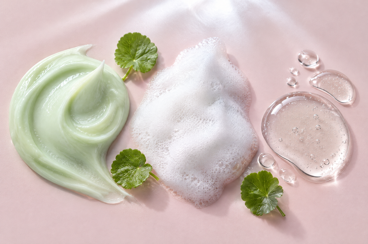 Texturas de crema, espuma y sérum de centella sobre fondo rosa